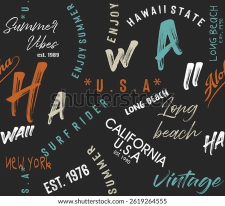 surf typography seamless pattern, Seamless graffiti pattern with surfboard and text surf, Tropical summer seamless pattern. surfboard. surf typography slogan print. words in graffiti style. Graphic T
