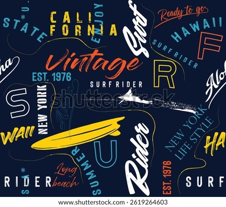 surf typography seamless pattern, Tropical summer seamless pattern. surfboard . surf typography slogan print, Seamless graffiti pattern with surfboard and text surf. words in graffiti style. Graphic T