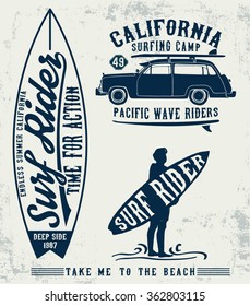 Surf typography set , t-shirt graphics, vectors