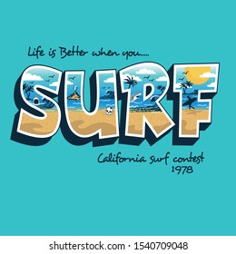 Surf typography, tee shirt graphics, vectors