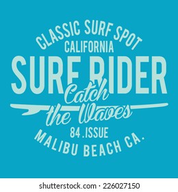 Surf typography, t-shirt graphics, vectors
