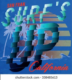 Surf typography, t-shirt graphics, vectors