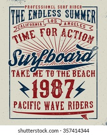 Surf typography, t-shirt graphics, vectors