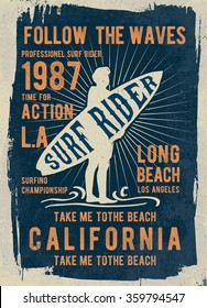 Surf typography, t-shirt graphics, vectors