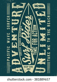 Surf typography, t-shirt graphics, vectors