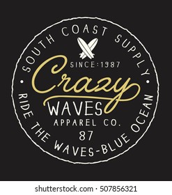Surf typography, t-shirt graphics, vectors