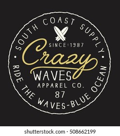 Surf typography, t-shirt graphics, vectors