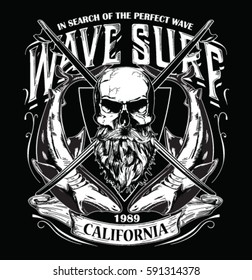 surf typography, t-shirt graphics , vectors shark and skull and surf board silhouette