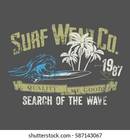 surf typography, t-shirt graphics , vectors.palm tree silhouette