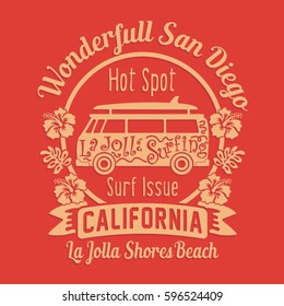 Surf typography and van  illustration, typography, tee shirt graphics, vectors
