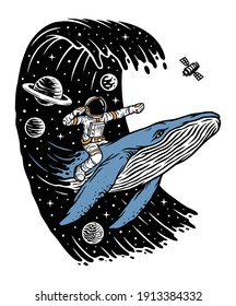 Surf in the universe with whales illustration