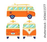 Surf Van All Views Isolated Flat. Vector Illustration of Car for Trip Object over White Background. 