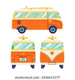 Surf Van Todas Las Vistas Piso Aislado. Ilustración vectorial del coche para el objeto del viaje sobre fondo blanco. 