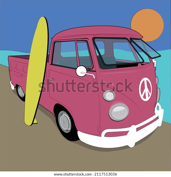 Surf van\
classic with beach background. Vintage\
style