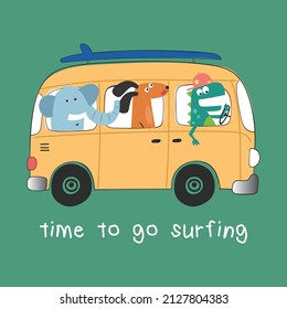 Ilustración de la camioneta en el dibujo vectorial con animales de dibujos animados