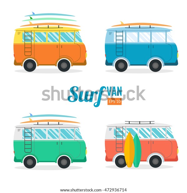 Surf Van on the Beach with surf\'s board icon\
set. Retro vintage, traveling camper bus Flat Design. Summer\
Vacation Time concept. Vector illustration for poster or surfer\'s\
t-shirt graphics.