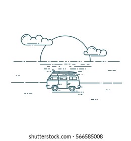 Surf van on the beach. Vector flat line illustration. Minivan with sunset landscape. Adventure and Travel concept
