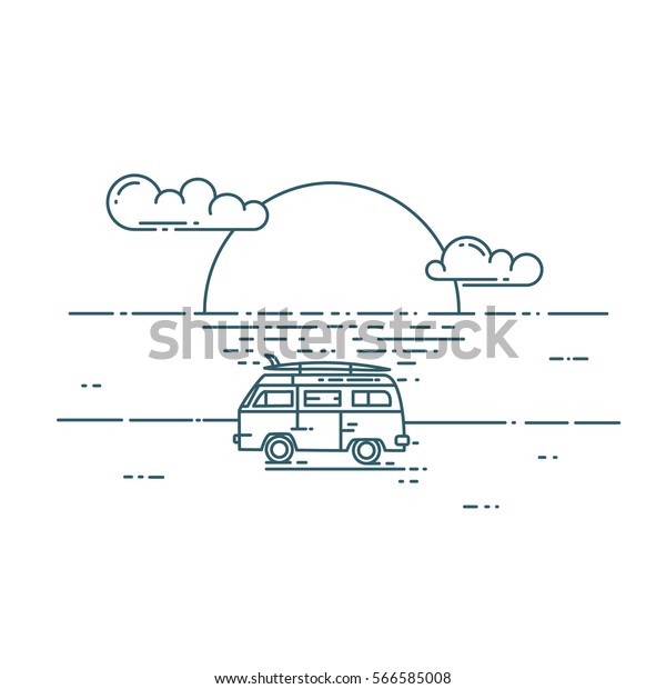 Surf van
on the beach. Vector flat line illustration. Minivan with sunset
landscape. Adventure and Travel
concept