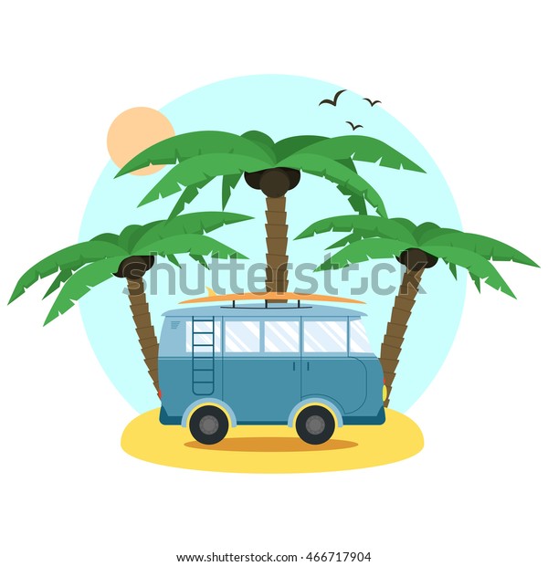 Surf Van and palm. Flat Design. Summer Vacation\
Time. Vector illustration of Surf Board, and Bus for Surfers\
T-shirts