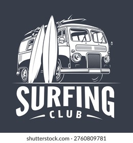A surf van parked on a street near the beach. Two surfboards stand next to the van. The sun is shining and the ocean is visible in the distance. People enjoy surfing on the waves.
