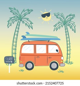 surf van vector illustration, tropical background, kids apparels