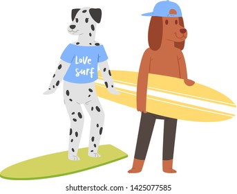 Surf vector cat dog animal surfer character surfing on surfboard illustration animalistic set of cartoon young sportsman kitty girl and doggy boy on wakeboard isolated on white background