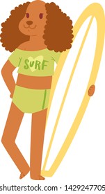 Surf vector dog animal surfer character with surfboard illustration animalistic of cartoon young doggy girl with wakeboard isolated on white background