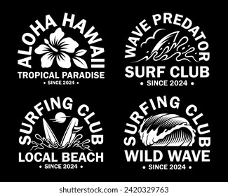 Conjunto de gráficos vectoriales de surf. Para camisetas, pegatinas y otros productos similares.