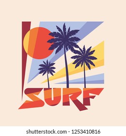 Surf - vector illustration concept in vintage graphic style for t-shirt and other print production. Palms, sun illustration. Badge logo design. 80's style vintage retro California beach.