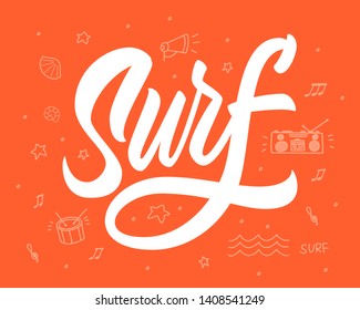 Surf vector lettering sign with doodle illustration on red background