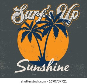 surf vector palm tree and sunset silhouette illustration