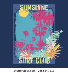 surf vector palm tree and sunset silhouette illustration