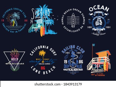 Surf Vector Patch Emblem Set. A collection of vintage, modern, hand drawn and clean vector surf designs