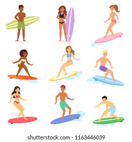 Surf vector people surfing in ocean and man or woman surfer character on surfboard illustration set of cartoon young sportsman on wakeboard isolated on white background