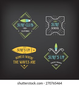Surf vintage elements. Retro logo board. Hawaii beach wave banner. 