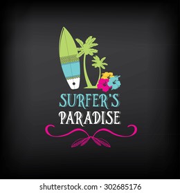 Surf vintage elements. Retro logo board. Hawaii beach wave banner.