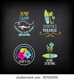 Surf vintage elements. Retro logo board. Hawaii beach wave banner.