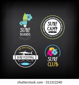 Surf vintage elements. Retro logo board. Hawaii beach wave banner.