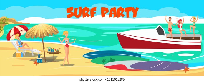 Surf VIP party banner flat vector template. Luxury sea resort. Young people in swimsuits with surfboards on ocean beach, yacht. Surfers have fun characters. Summer time illustration with lettering