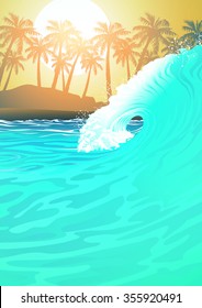 Surf wave at the beach at sunrise .
