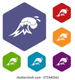 Surf wave icons set rhombus in different colors isolated on white background