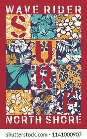Surf wave rider with hibiscus patchwork, grunge vector print for shirt floral background pattern