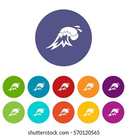 Surf wave set icons in different colors isolated on white background