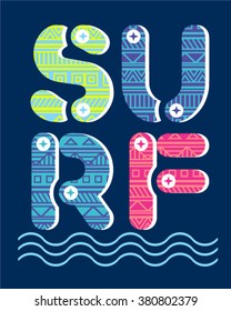 surf and wave typography, t-shirt graphics, vectors