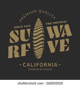 Surf wave vector illustration, graphics for T-shirts, California surf  label