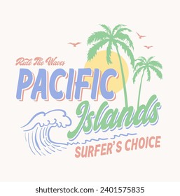 Surf, waves, palm trees and birds vector illustration. Pastel Retro T shirt print design.