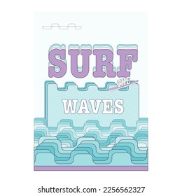 Surf the waves summer holiday typography t-shirt print vector design. Extreme water sports video game style abstract graphic in mint blue and soft purple colors. 