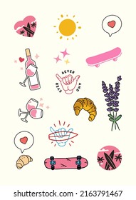 Surf And Wine Summer Sticker Pack. Simple Outline Drawings of Rose Wine, Surfboards, Shaka, Croissant, Sunset And More. Symbols of Love, Sun, Surfing Beach And Chill.