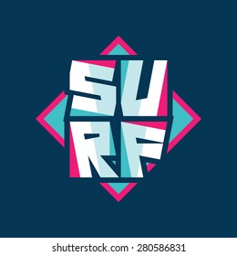 Surf word - vector illustration concept in vintage graphic style for t-shirt and other print production. Surfing. Abstract letters. Badge  design.