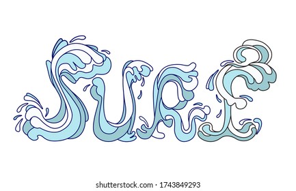 Surf escrito en forma de olas marinas. Ilustración de color vectorial aislada en fondo blanco.